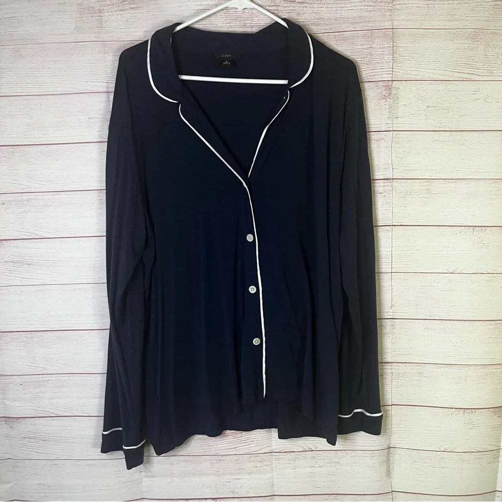 J.Crew Navy Blue Button Down White Piping‎ Pajama Top Size Large